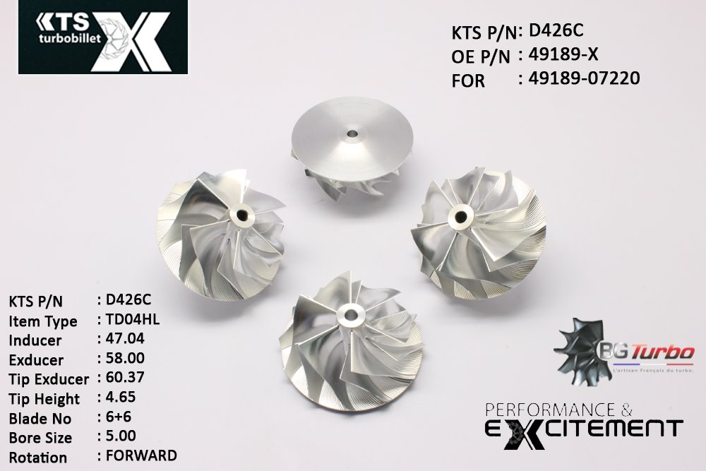 Turbo ROUE FORGÉE MFS PERFORMANCE - 6+6 PALES - INDUCER : 47,04 - EXDUCER : 58 - TYPE : TD04HLANGLE : 60° - ROTATION : Forward - SUPER BACK : 1,895 - BORE SIZE : 5
